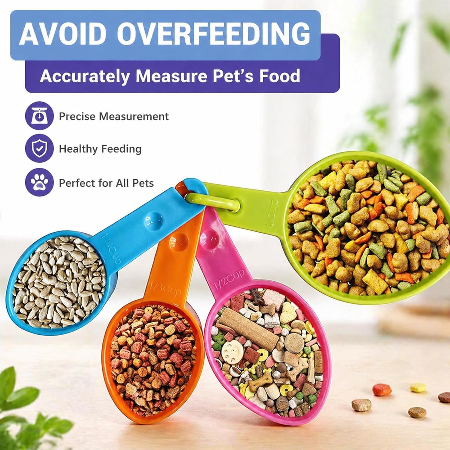 Dog Food Scoop Set of 4 - Plastic Measuring Cups for Dog, Cat and Bird Food (Random Color) | 4 Measuring Cup Sizes, 1 Cup 1/2 Cup 1/3 Cup 1/4 Cup, Flat Base, Stackable Storage, Random Color