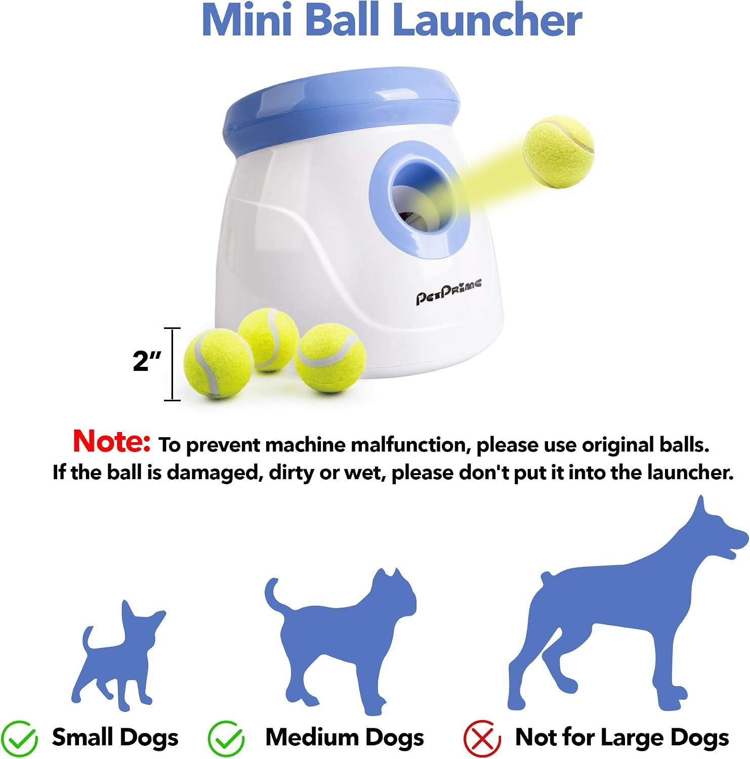 Petprime Dog Automatic Ball Launcher Dog Interactive Fetch Toy Pet 2'' Thrower Throwing Game 3 Tennis Balls Tennis Mini Size Ball Launcher for Dogs Included Launch Distance 10-30Ft