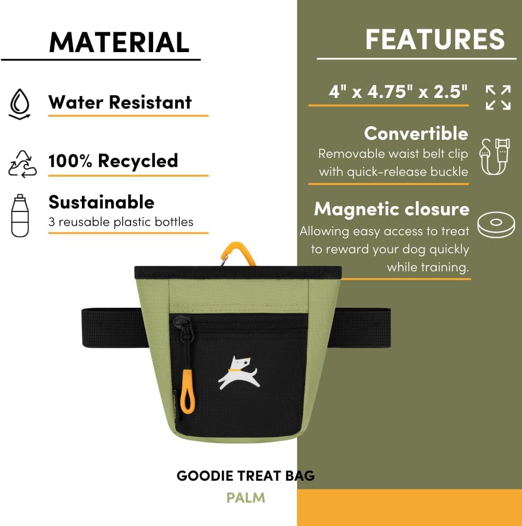 Goodie Treat Bag, Dog Treat Training Pouch | Magnetic Closure | 3 Ways to Wear | Hands-Free Waist Belt | Water-Resistant Recycled Vegan Fabric (Palm)