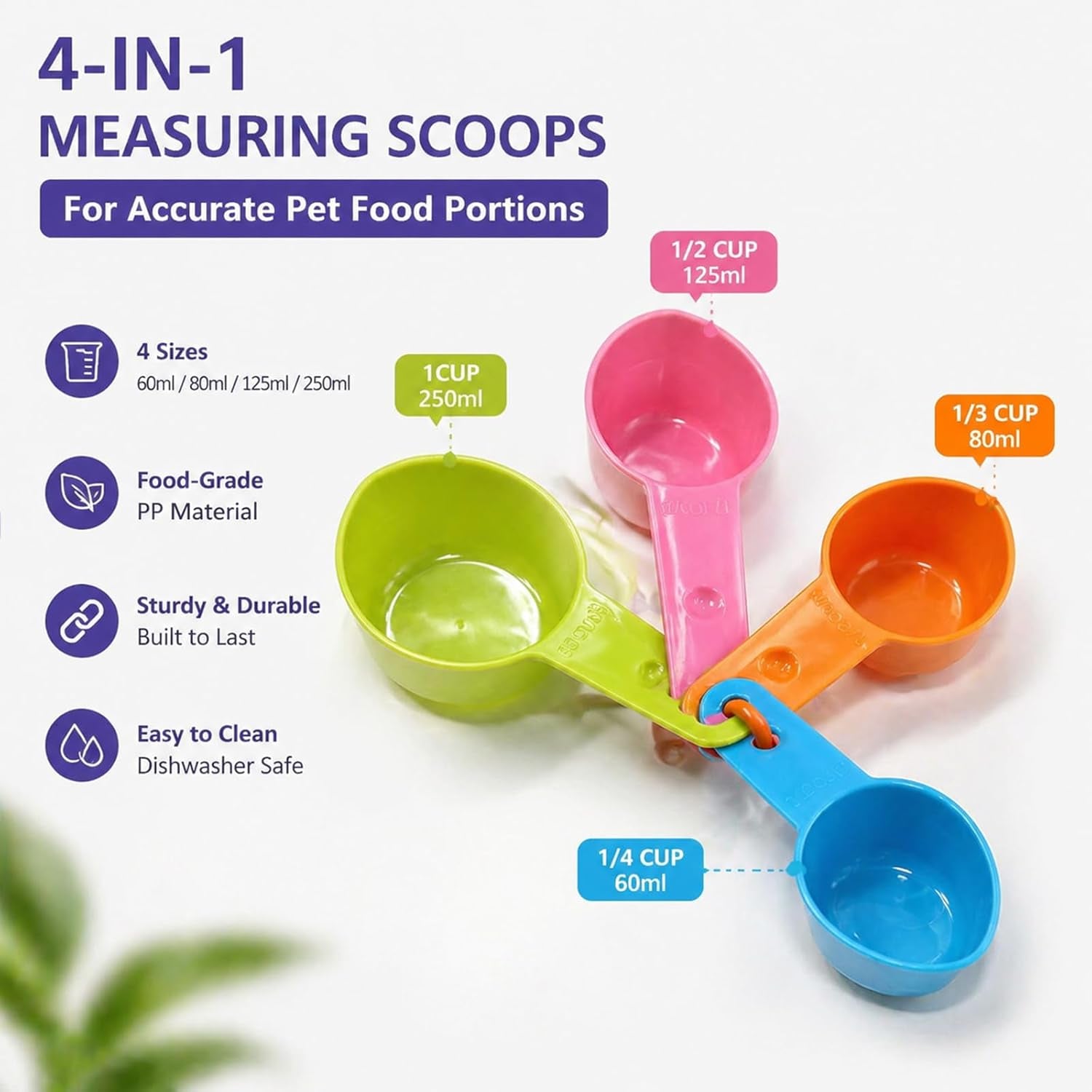 Dog Food Scoop Set of 4 - Plastic Measuring Cups for Dog, Cat and Bird Food (Random Color) | 4 Measuring Cup Sizes, 1 Cup 1/2 Cup 1/3 Cup 1/4 Cup, Flat Base, Stackable Storage, Random Color