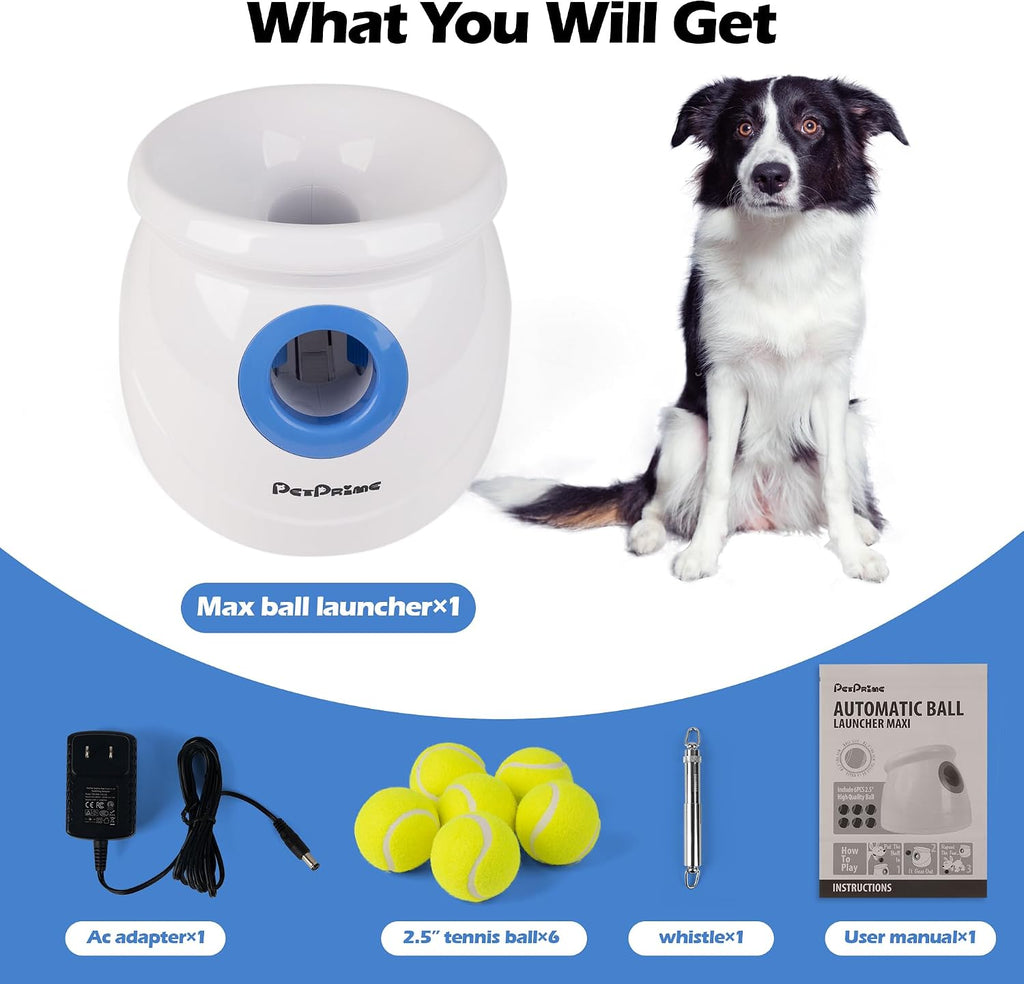 Dog Automatic Ball Launcher for Large Dogs Ball Thrower Machine Outdoor Indoor Use Interactive Dog Toy Adjustable Distance 10-40Ft - Included 6 PCS 2.5” Tennis Balls and a Whistle