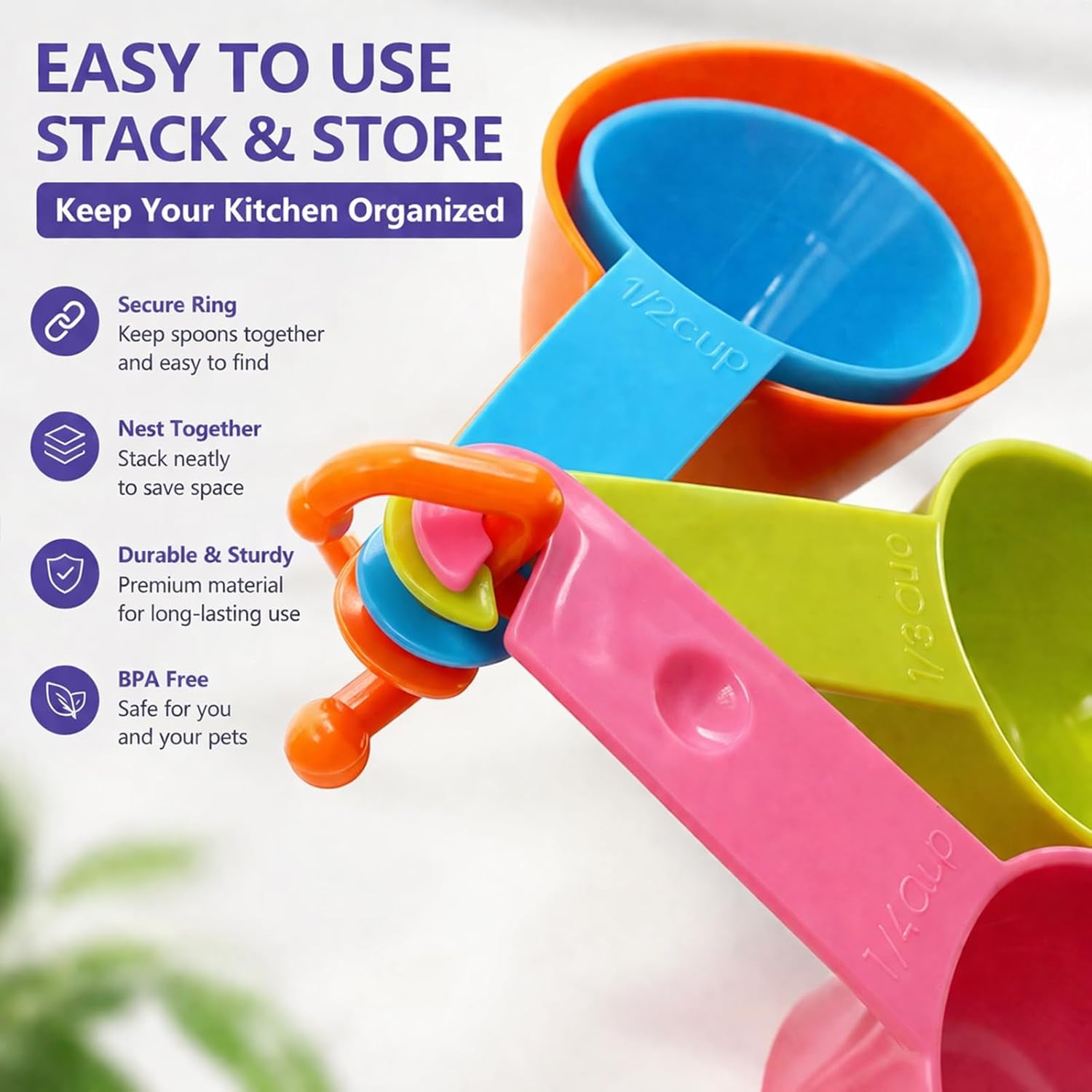 Dog Food Scoop Set of 4 - Plastic Measuring Cups for Dog, Cat and Bird Food (Random Color) | 4 Measuring Cup Sizes, 1 Cup 1/2 Cup 1/3 Cup 1/4 Cup, Flat Base, Stackable Storage, Random Color